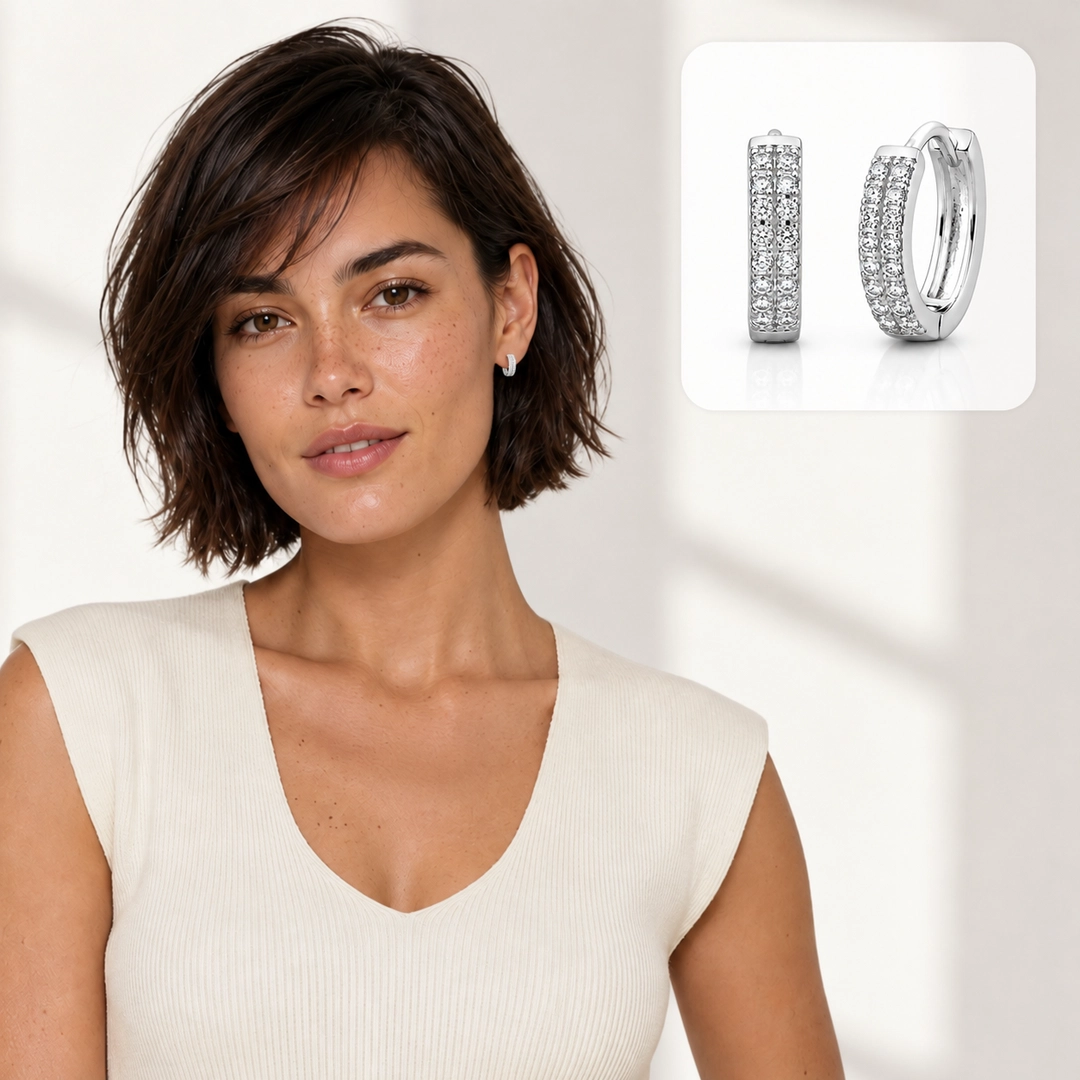 Brinco Argola Click com Duas Fileiras de Zircônia Cristal M