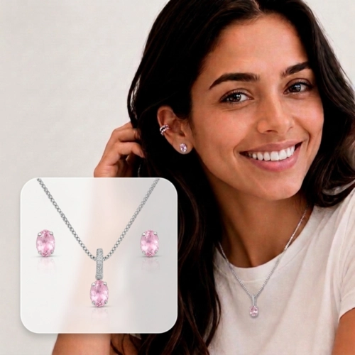 Conjunto Oval com Zircônias Rosas