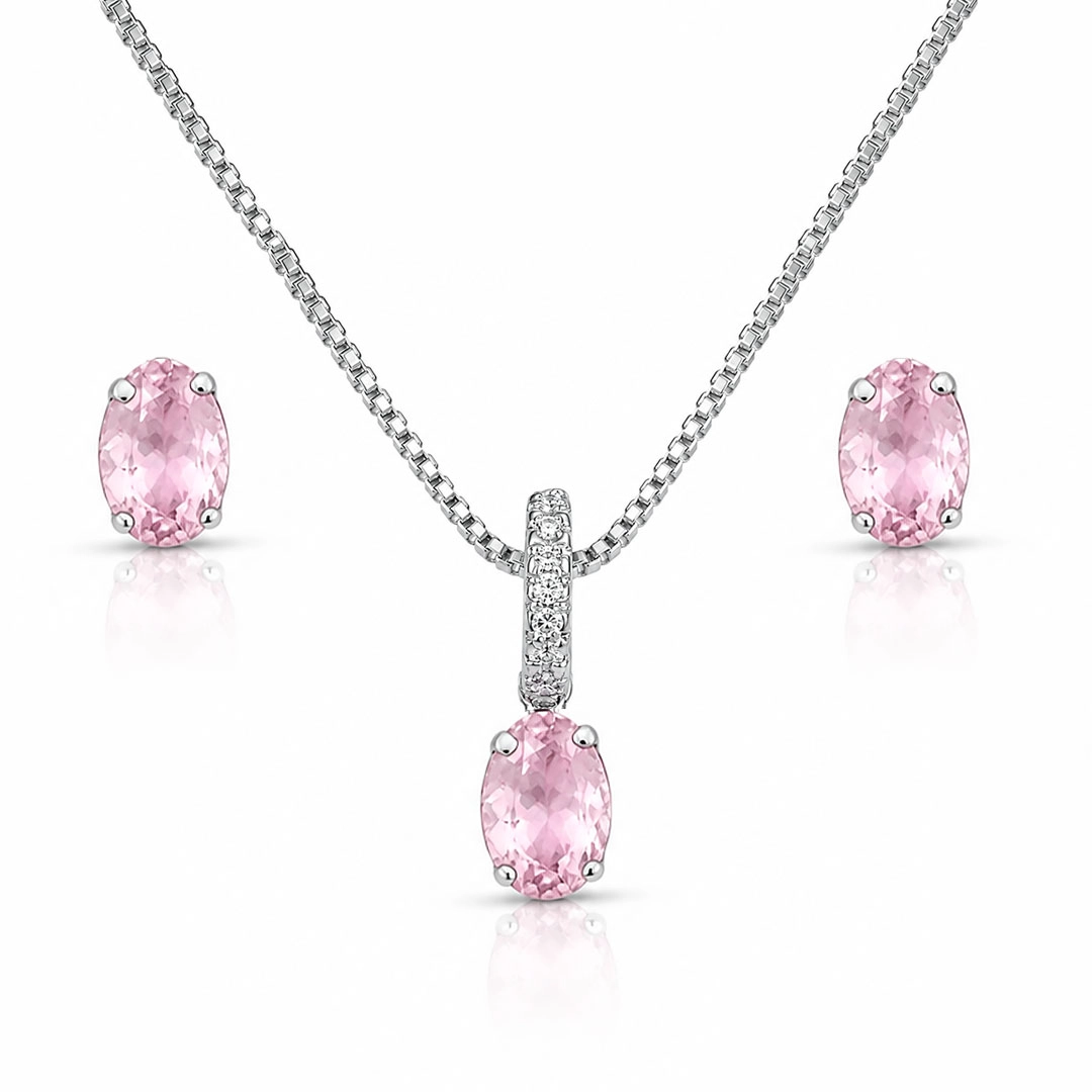 Conjunto Oval com Zircônias Rosas