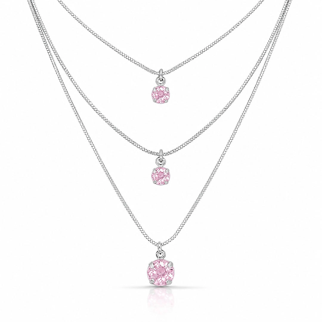 Gargantilha Três Alturas com Zircônias Rosas