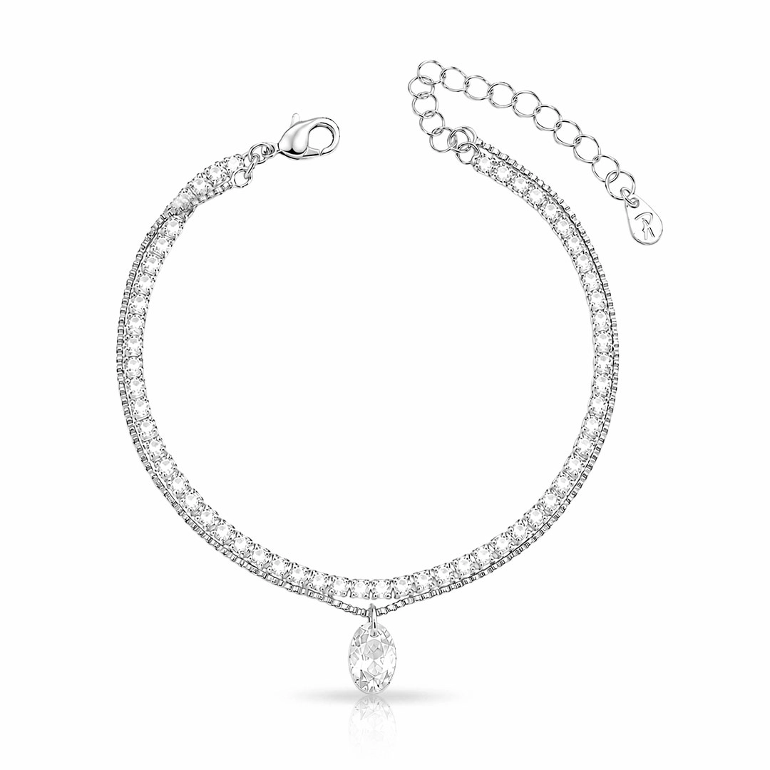 Pulseira Dupla Riviera com Pingente Oval de Zircônia Cristal