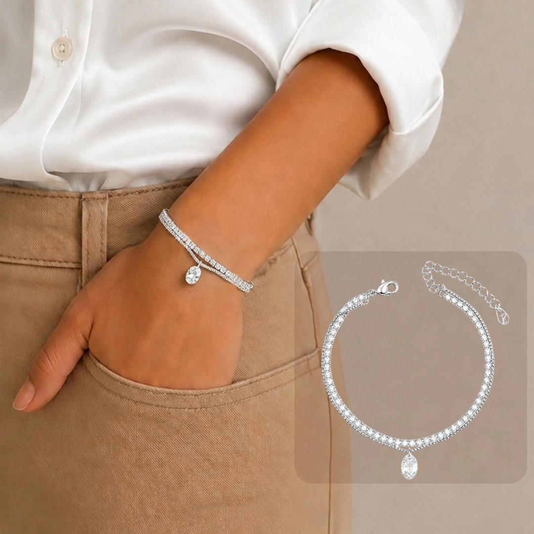 Pulseira Dupla Riviera com Pingente Oval de Zircônia Cristal