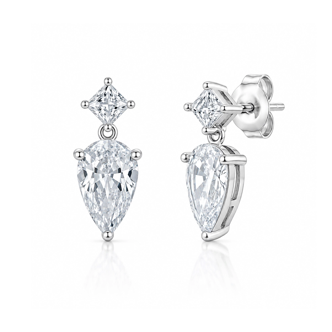 Brinco Balanço com Zircônias Cristal Gota e Quadrada