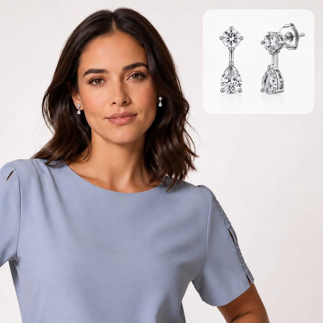 Brinco Balanço com Zircônias Cristal Gota e Redonda