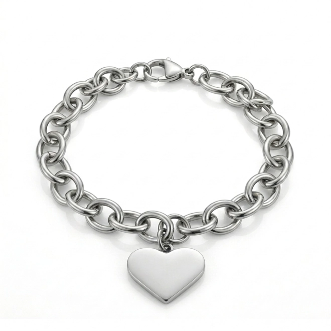 Pulseira de Elos Ovais com Coração Espelhado - Steel Woman