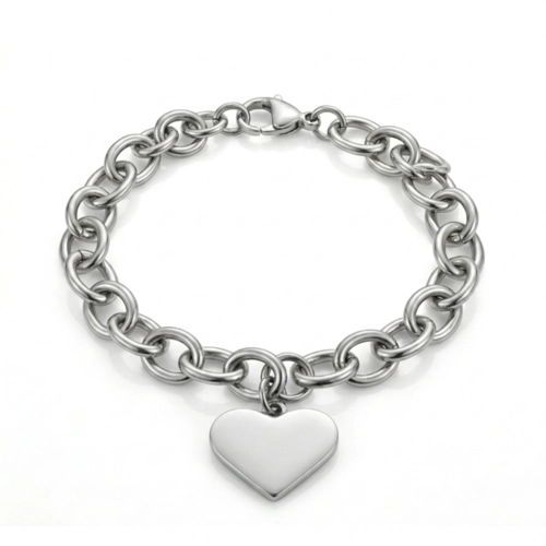 Pulseira de Elos Ovais com Coração Espelhado - Steel Woman