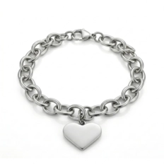 Pulseira de Elos Ovais com Coração Espelhado - Steel Woman