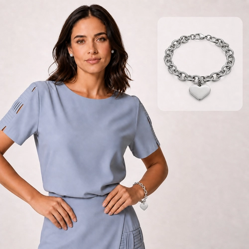 Pulseira de Elos Ovais com Coração Espelhado - Steel Woman