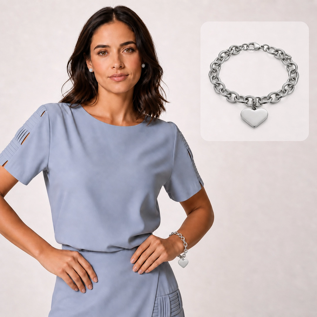 Pulseira de Elos Ovais com Coração Espelhado - Steel Woman