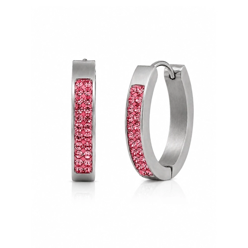 Brinco de Argola Click Oval com Zircônias Rosas - Steel Woman