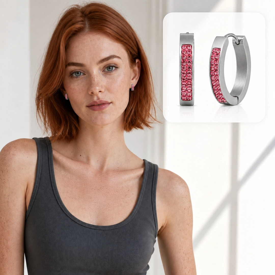 Brinco de Argola Click Oval com Zircônias Rosas - Steel Woman