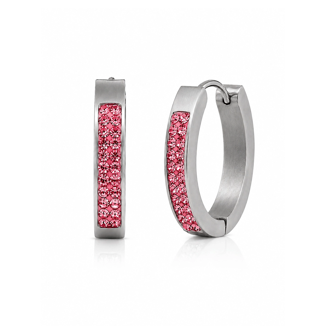 Brinco de Argola Click Oval com Zircônias Rosas - Steel Woman