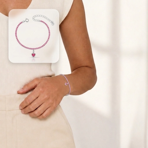 Pulseira Riviera com Zircônias Rosa e Coração
