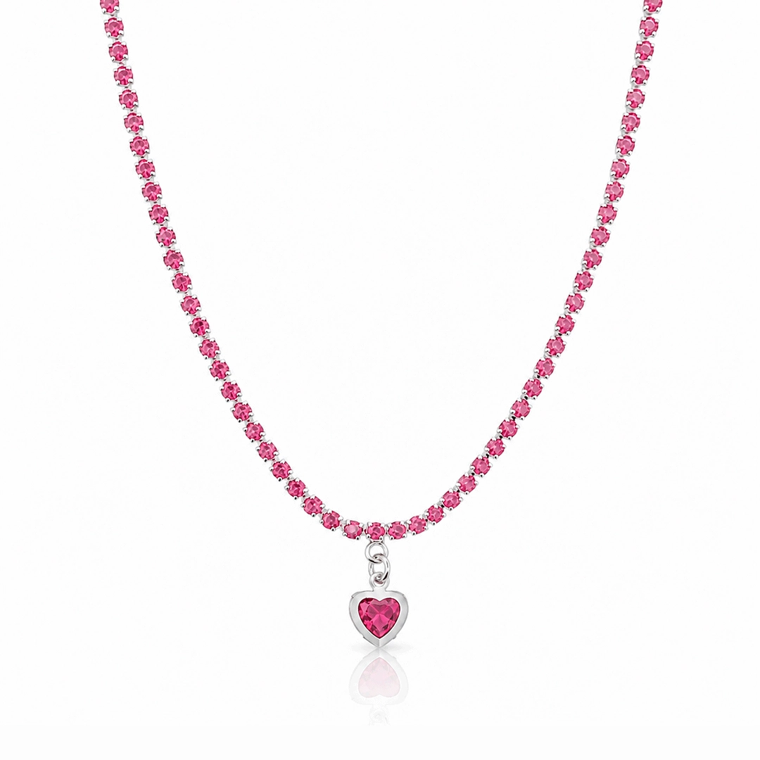 Gargantilha Choker Riviera com Zircônias Rosa e Pingente de Coração