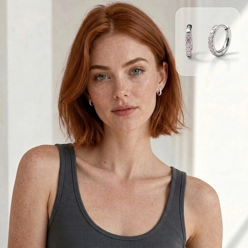 Brinco de Argola Click com Zircônias Rosas - Steel Woman