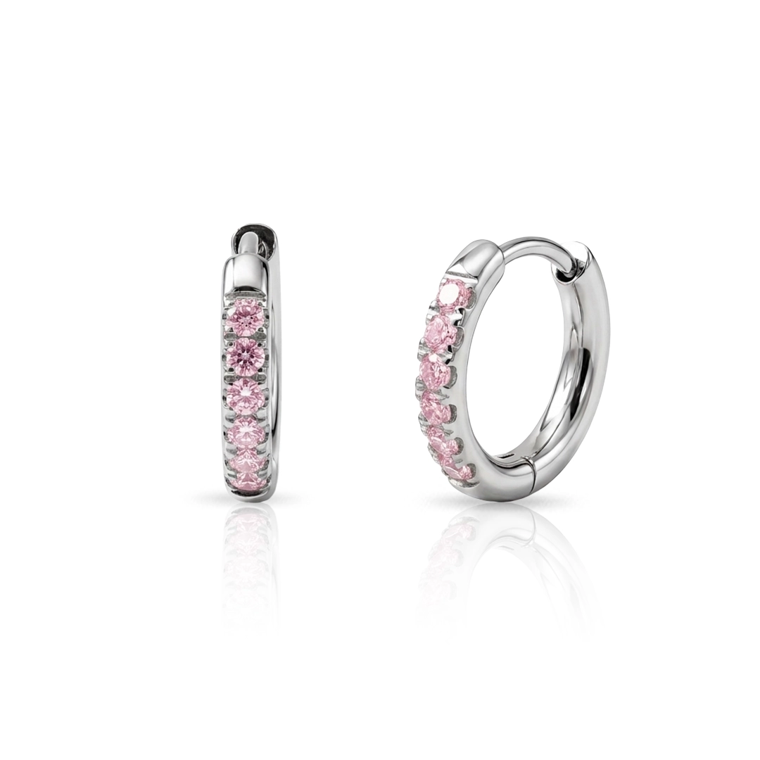 Brinco de Argola Click com Zircônias Rosas - Steel Woman