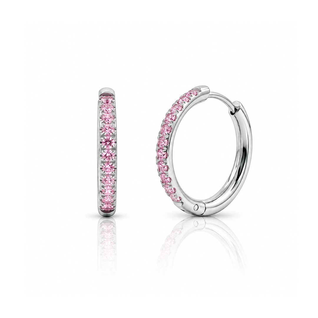 Brinco de Argola Click com Zircônias Rosas Cravejadas - Steel Woman