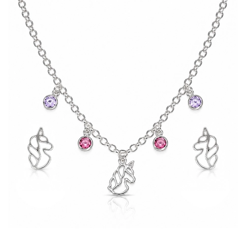 Conjunto Unicórnio com Zircônias Ametista e Rosa - Teen Kids