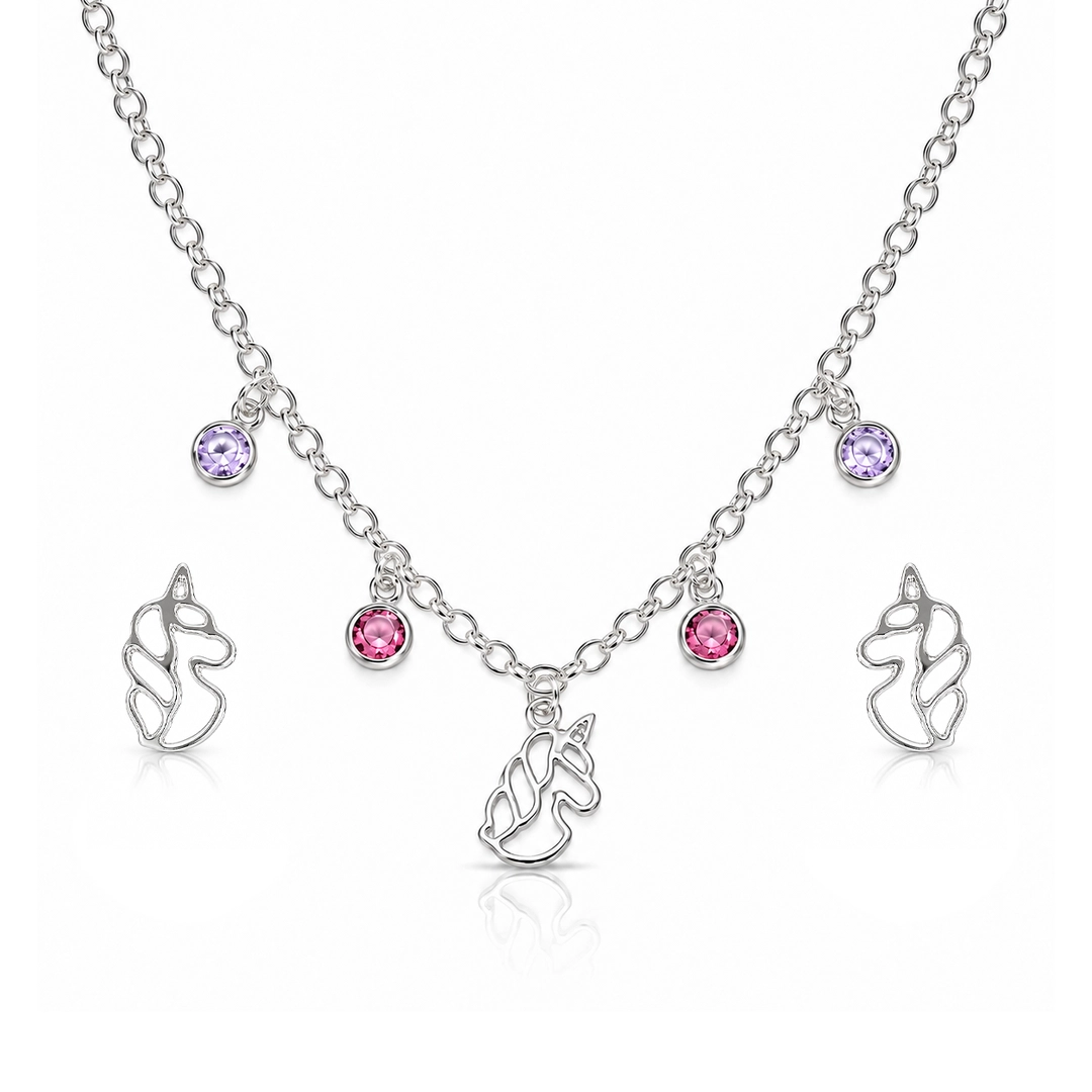 Conjunto Unicórnio com Zircônias Ametista e Rosa - Teen Kids