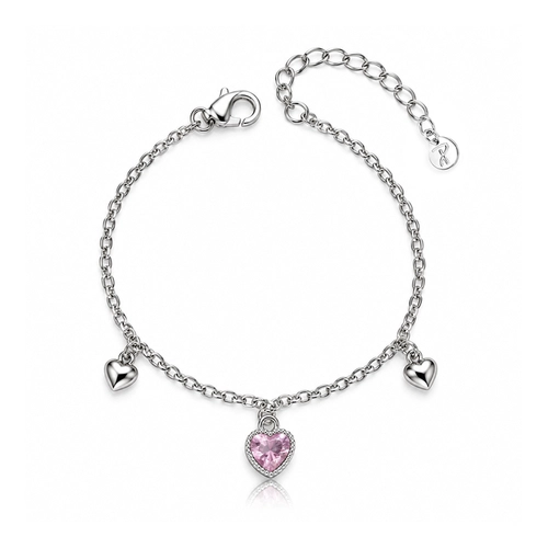 Pulseira com Corações Espelhados e Pingente com Zircônia Rosa – Teen Kids