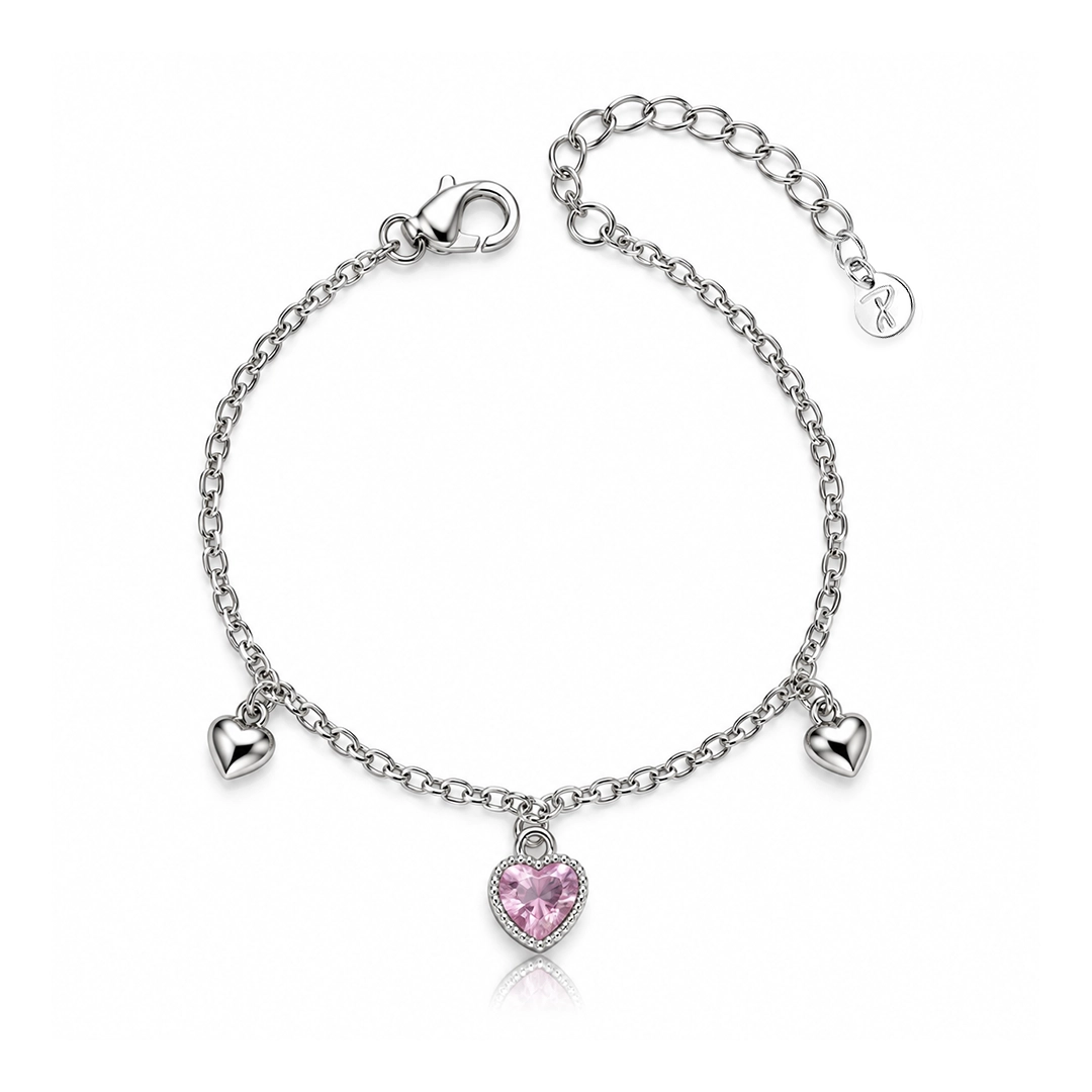 Pulseira com Corações Espelhados e Pingente com Zircônia Rosa – Teen Kids