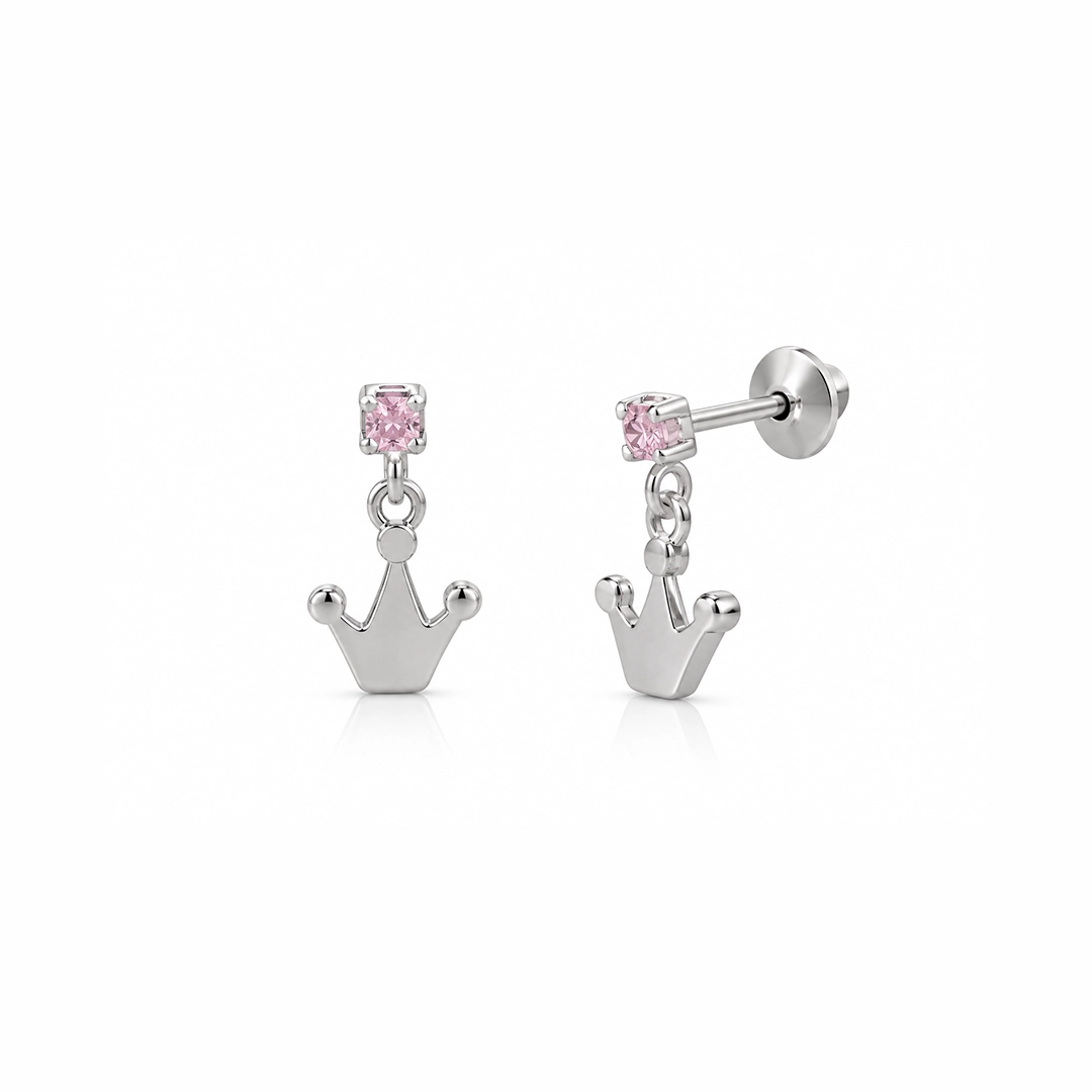 Brinco Top Balanço Coroa com Zircônias Rosa – Teen Kids