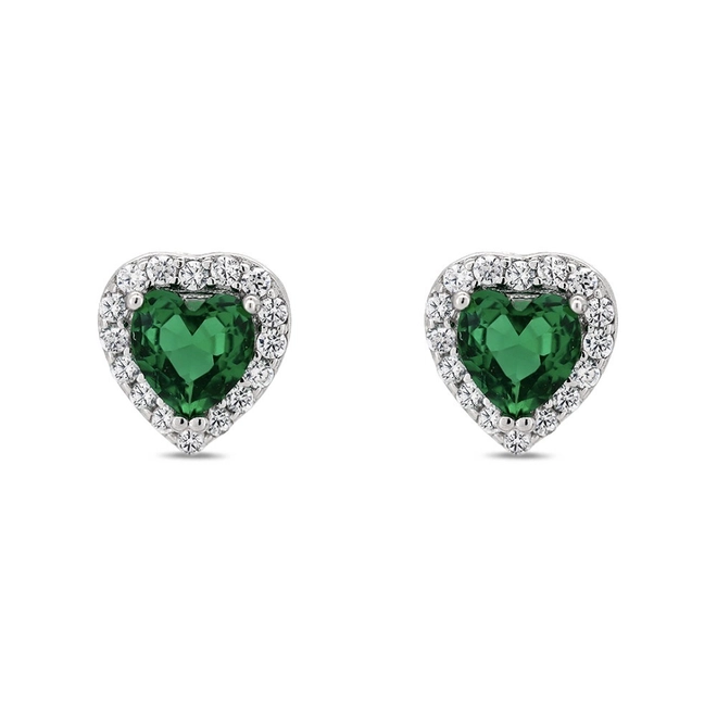 Brinco de Prata Top Coração com Zircônia Esmeralda e Zircônias Cristal