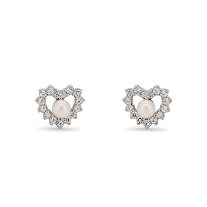 Brinco de Prata Top Coração com Micro Pérolas Sintetizadas e Zircônias Cristal