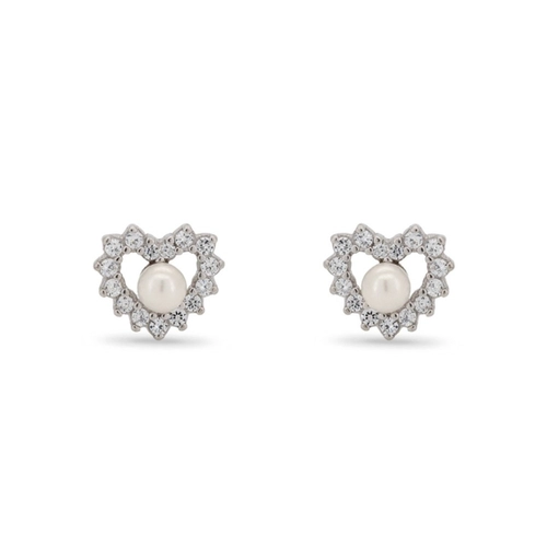 Brinco de Prata Top Coração com Micro Pérolas Sintetizadas e Zircônias Cristal