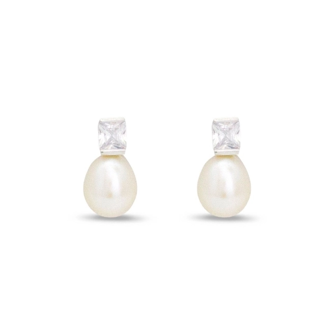 Brinco de Prata Top com Pérola Biwa e Zircônia Cristal Retangular