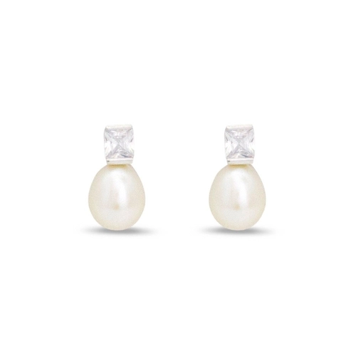 Brinco de Prata Top com Pérola Biwa e Zircônia Cristal Retangular