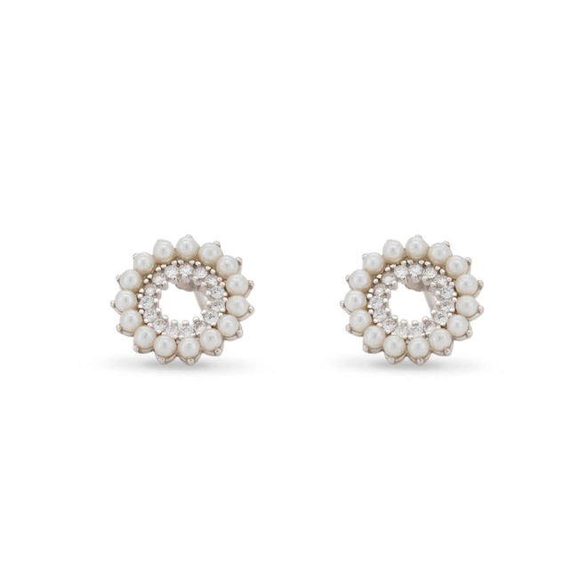 Brinco de Prata Top Redondo com Micro Pérolas Sintetizadas e Zircônias Cristal