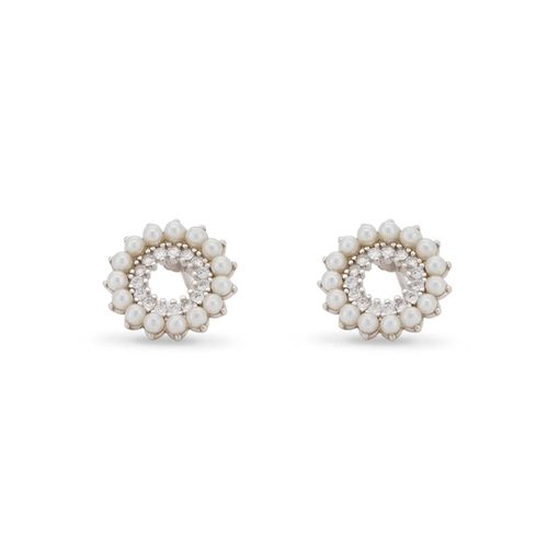 Brinco de Prata Top Redondo com Micro Pérolas Sintetizadas e Zircônias Cristal