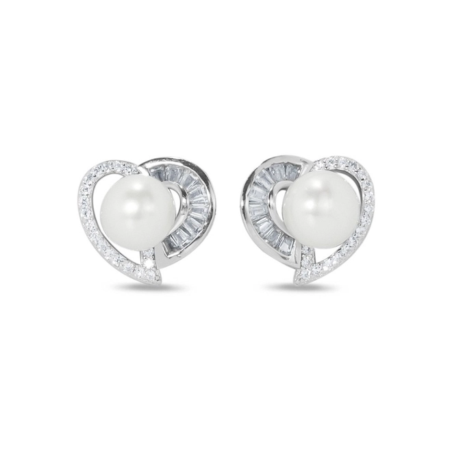 Brinco de Prata Top Coração com Pérola Biwa e Zircônia Cristal