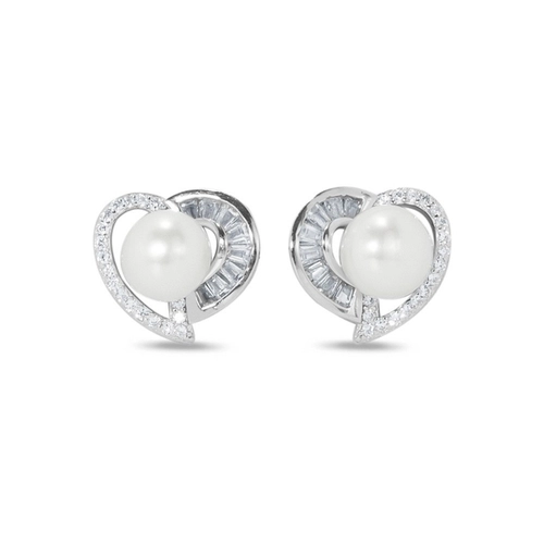 Brinco de Prata Top Coração com Pérola Biwa e Zircônia Cristal