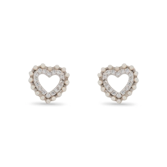Brinco de Prata Top Coração com Micro Pérolas Sintetizadas e Zircônias Cristal