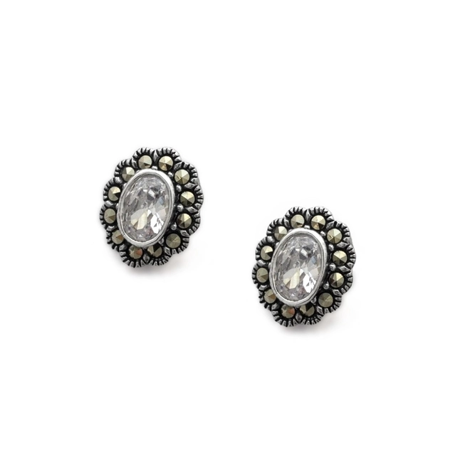 Brinco de Prata Top com Marcassita e Zircônia Cristal Oval