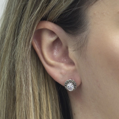 Brinco de Prata Top com Marcassita e Zircônia Cristal Oval