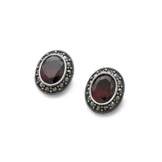 Brinco de Prata Top com Marcassita e Zircônia Rubi Oval