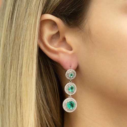Brinco de Prata Longo com Zircônia Verde Paraíba Redonda e Zircônia Cristal