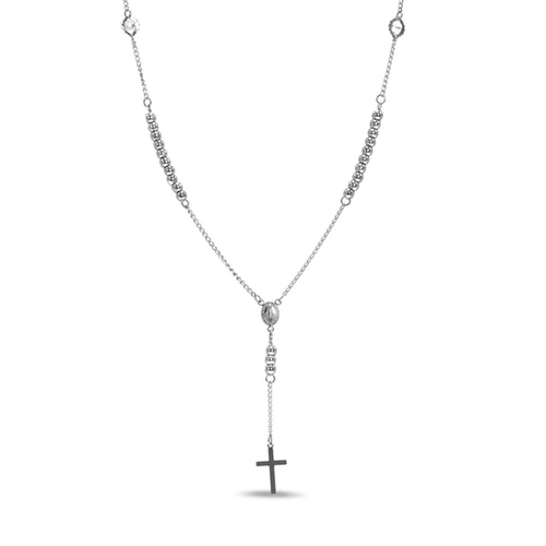 Colar de Aço Terço com Nossa Senhora das Graças, Cruz Lisa e Zircônia Cristal