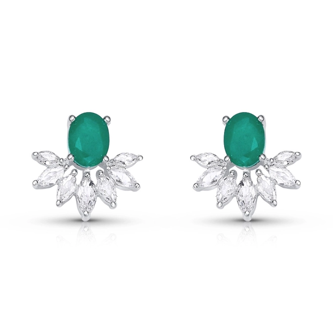 Brinco De Prata Leve Top com Zircônia Esmeralda e Zircônias Cristal