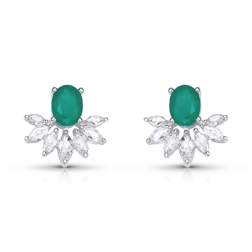 Brinco De Prata Leve Top com Zircônia Esmeralda e Zircônias Cristal