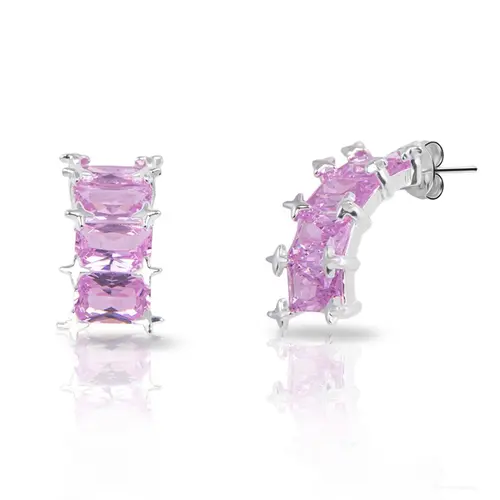 Brinco de Prata Leve Top com Zircônias Rosa Retangular