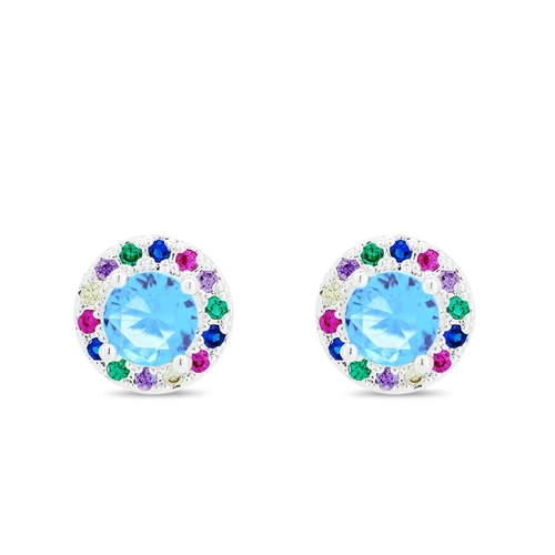 Brinco De Prata Leve Top com Zircônia Topázio e Zircônias Coloridas ao Redor