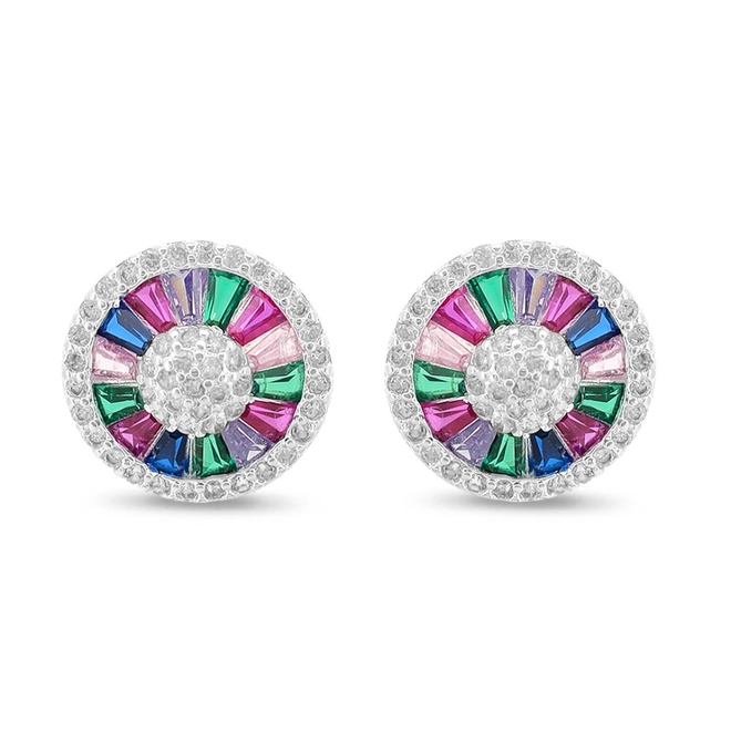 Brinco De Prata Leve Top Redondo Com Zircônias Coloridas G