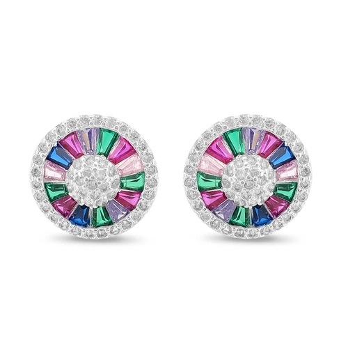 Brinco De Prata Leve Top Redondo Com Zircônias Coloridas G