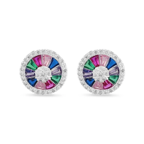 Brinco De Prata Leve Top Redondo Com Zircônias Coloridas M