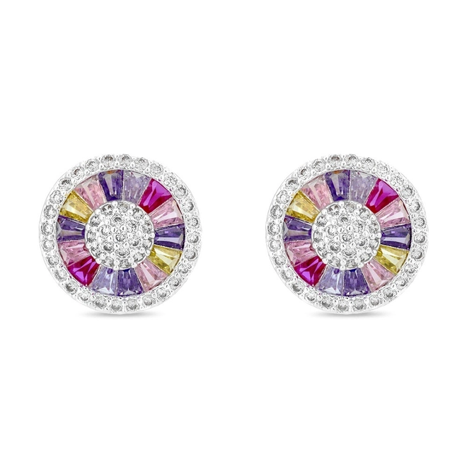 Brinco De Prata Leve Top Redondo com Zircônias Coloridas