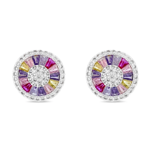 Brinco De Prata Leve Top Redondo com Zircônias Coloridas